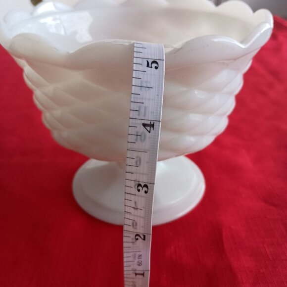 Vintage Milk Glass Diamond Weave Pattern Pedestal Bowl - Picture 7 of 8